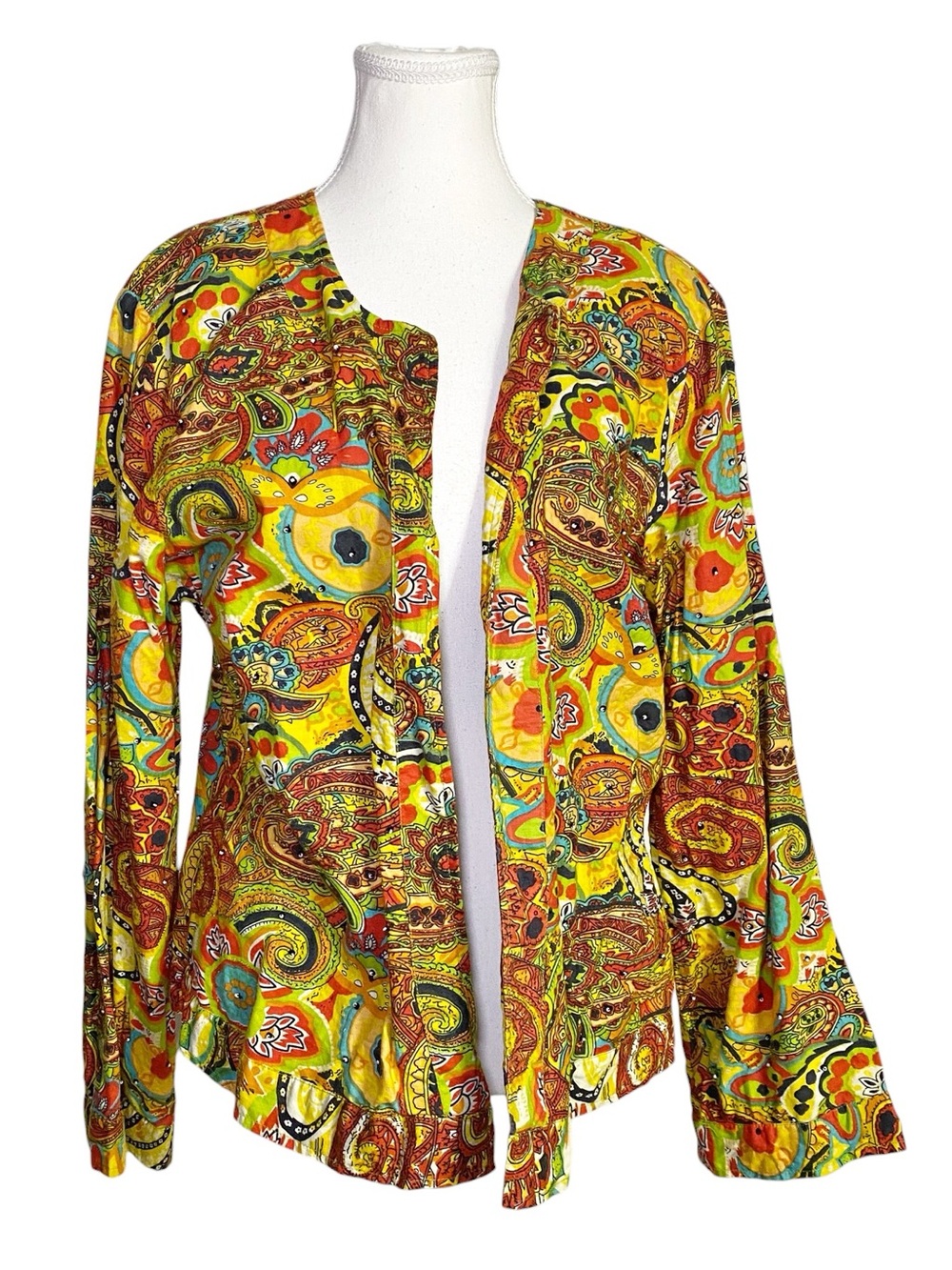 Alex Kim Vibrant Retro Floral Paisley Open-Front Jacket Boho